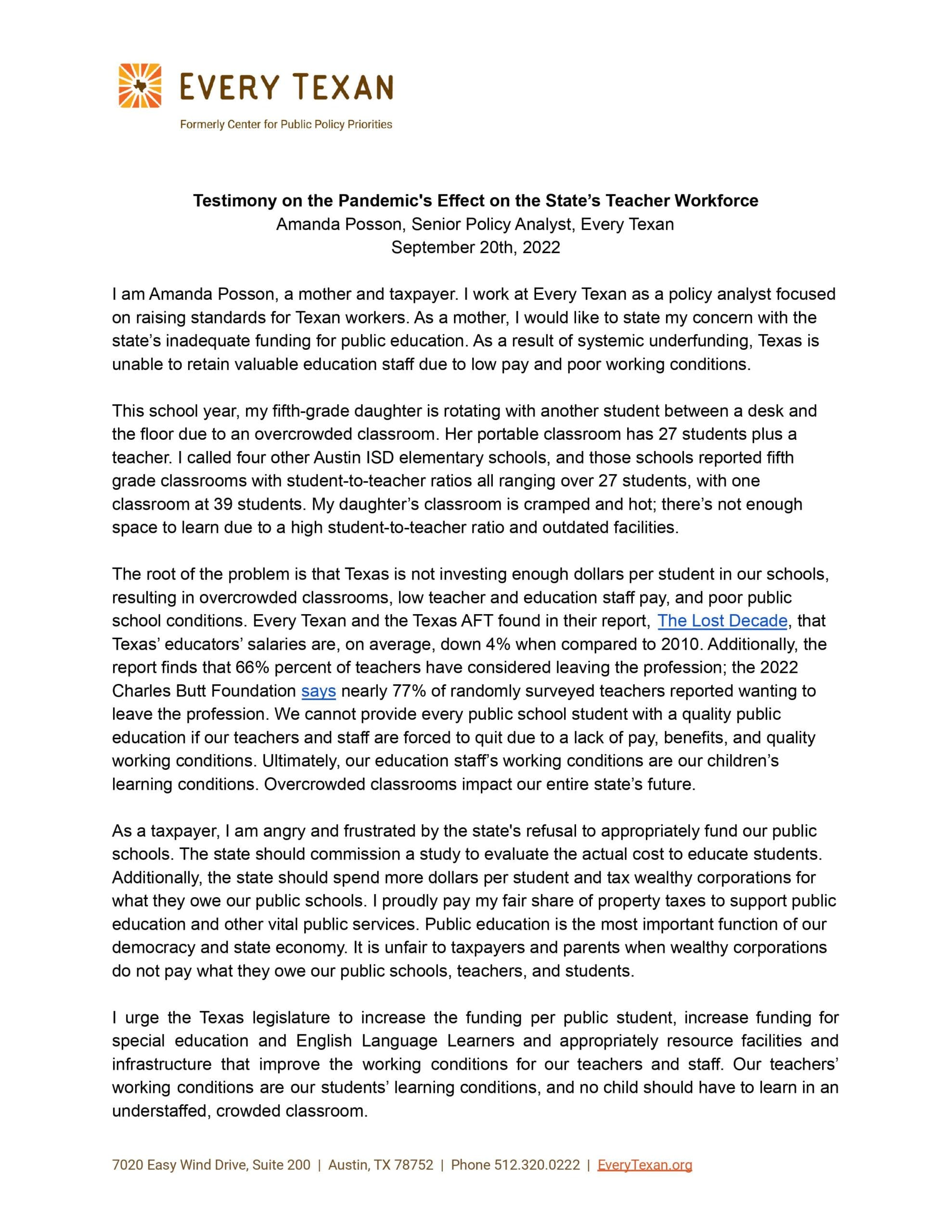 Testimony on the Pandemic's Effect on the State's Teacher Workforce